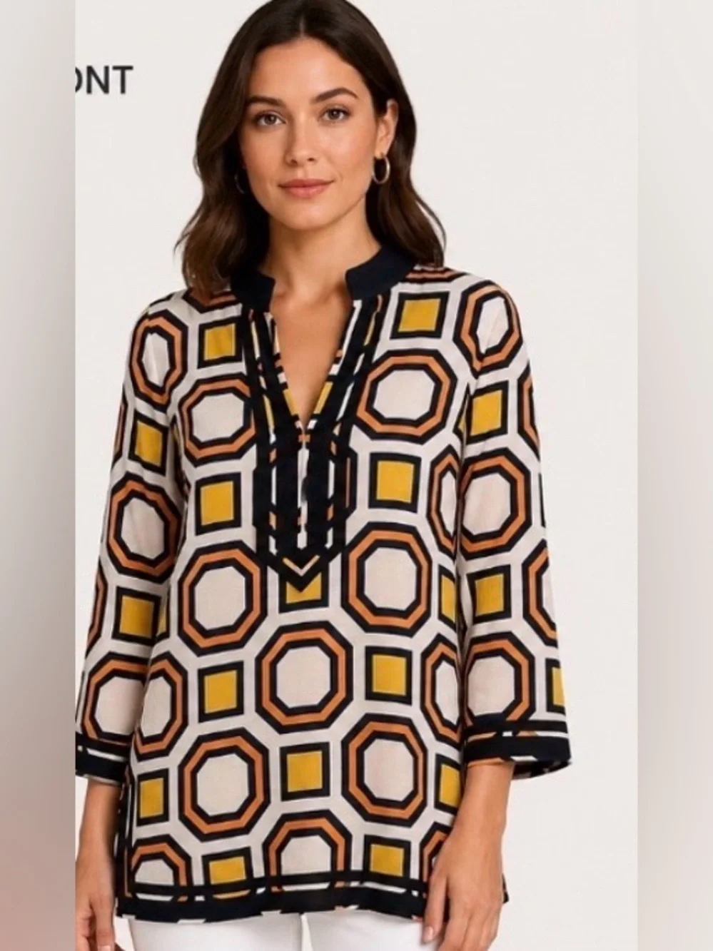 Tory Burch Geometric Print Tunic Sz M old money vacation summer resort coastal